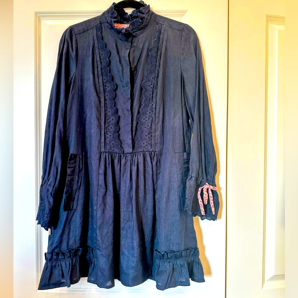 On This Note Noa Noa Linen Dress XS Navy Blue Ruffles & Lace Victoria Collar